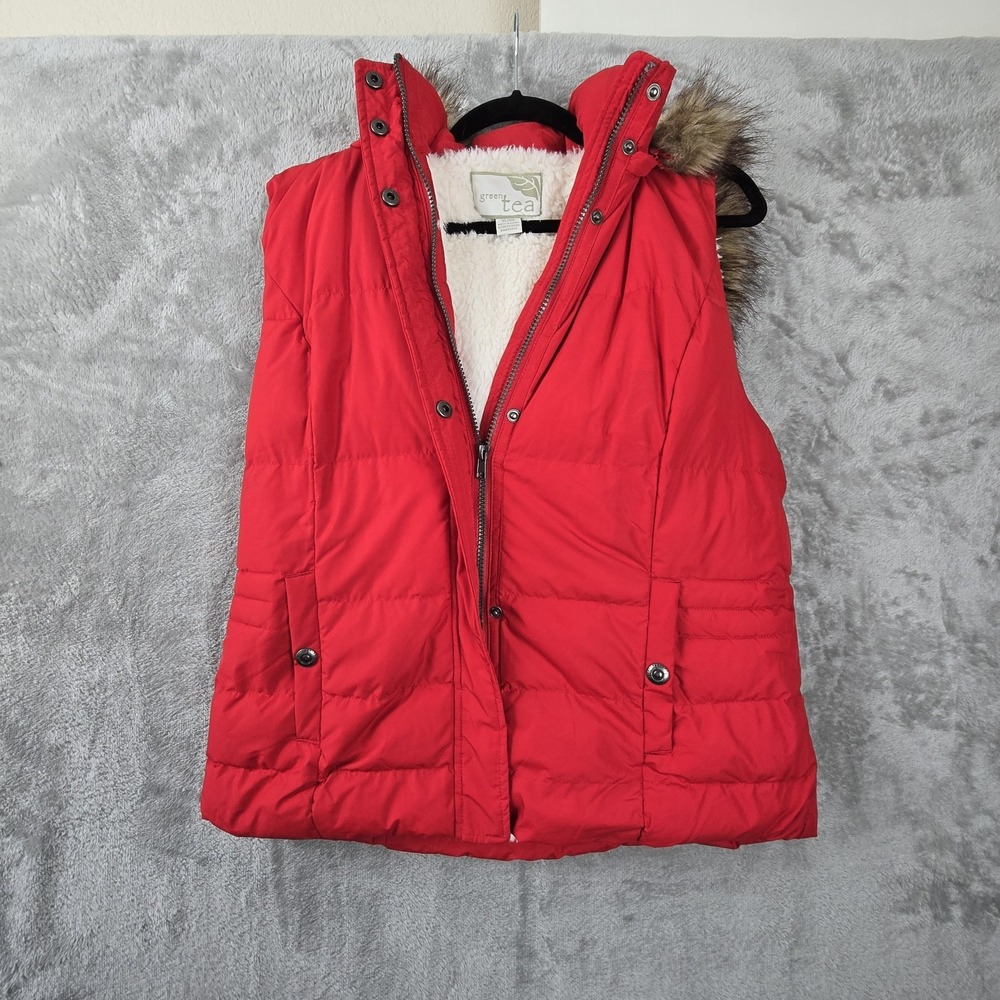 Ladies Red Hooded Size XL Vest, Green Tea,  Faux Fur Trim On Hood, Sherpa